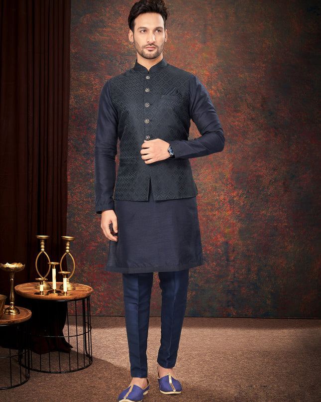 Navy Blue Mens Kurta Pajama Set With Jacket