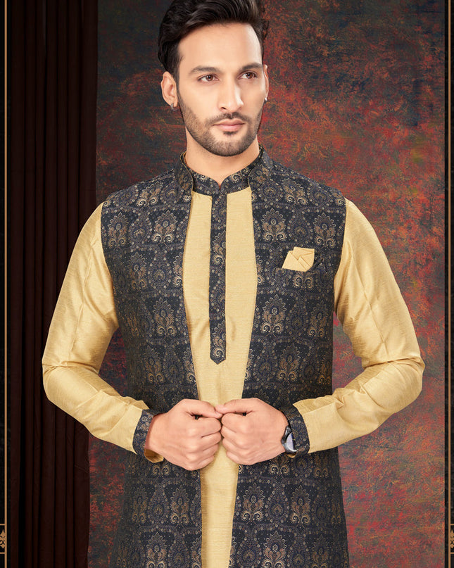 Navy Blue Mens Kurta Pajama Set With Jacket