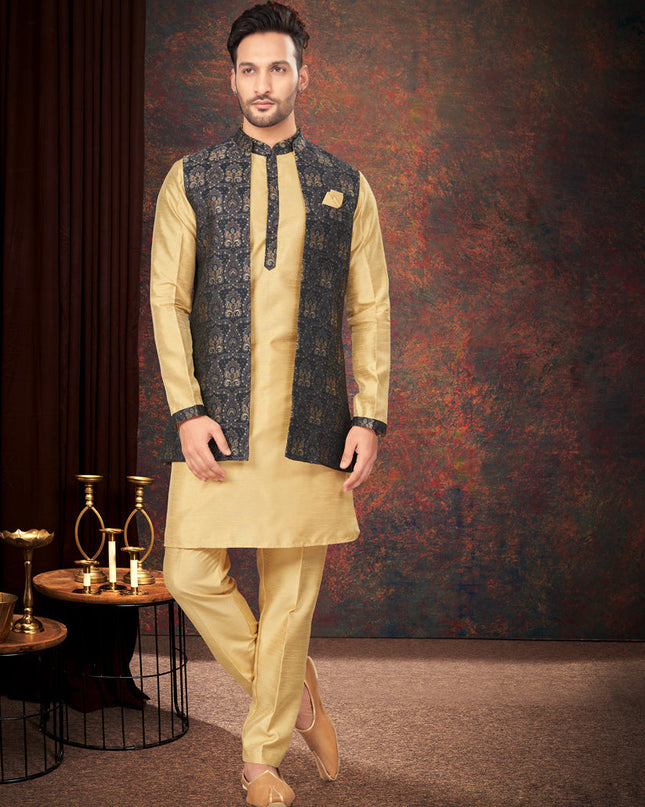 Navy Blue Mens Kurta Pajama Set With Jacket