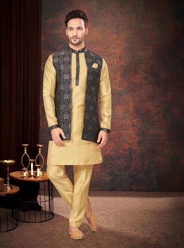 Navy Blue Mens Kurta Pajama Set With Jacket