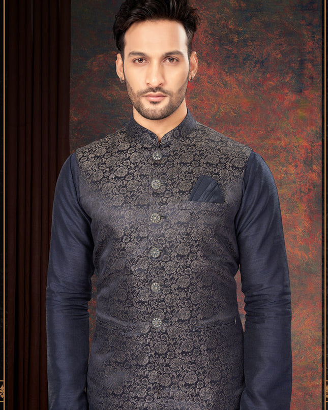 Navy Blue Mens Kurta Pajama Set With Jacket