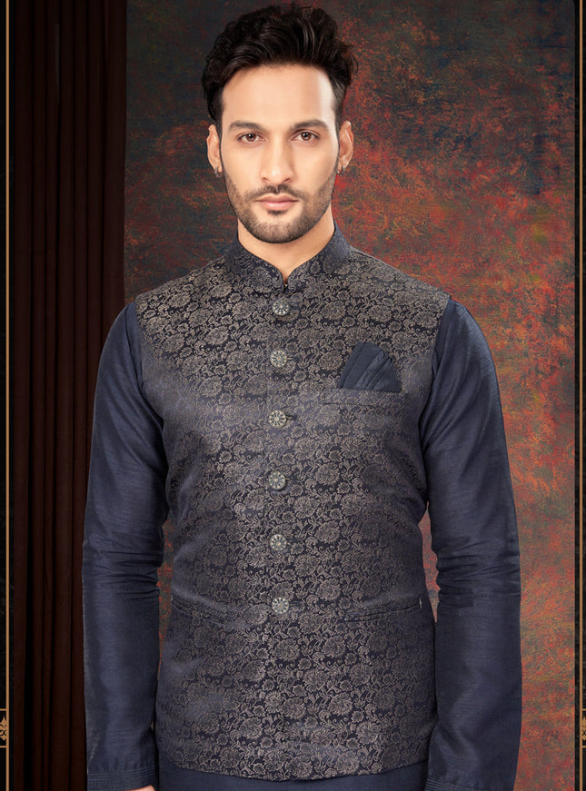 Navy Blue Mens Kurta Pajama Set With Jacket