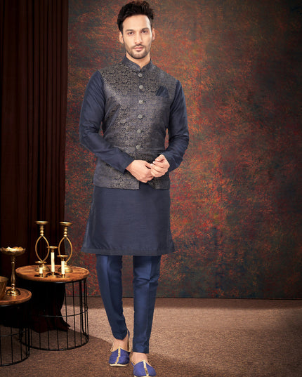 Navy Blue Mens Kurta Pajama Set With Jacket