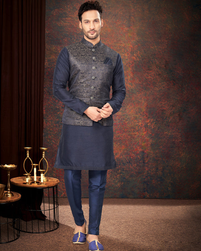 Navy Blue Mens Kurta Pajama Set With Jacket