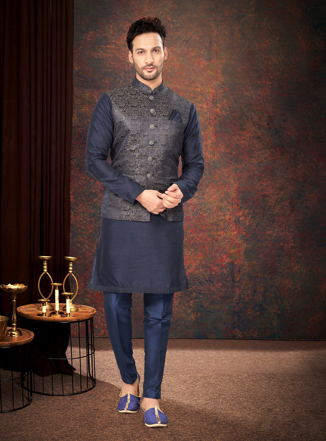 Navy Blue Mens Kurta Pajama Set With Jacket