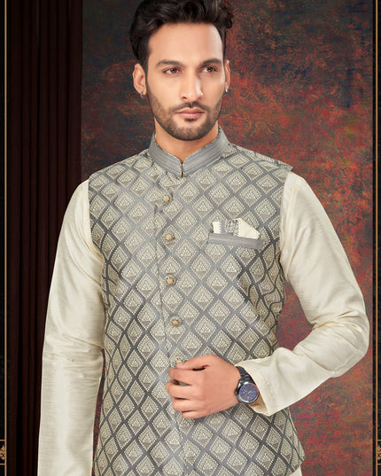 Off White Mens Kurta Pajama Set With Jacket