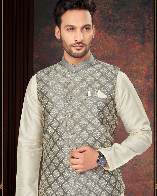 Off White Mens Kurta Pajama Set With Jacket