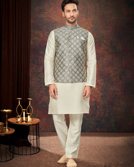 Off White Mens Kurta Pajama Set With Jacket