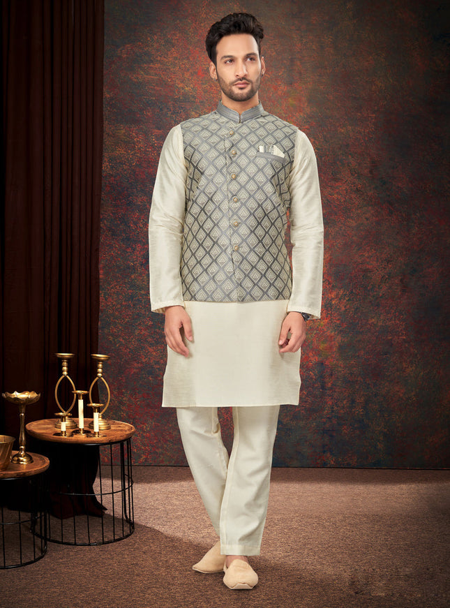 Off White Mens Kurta Pajama Set With Jacket