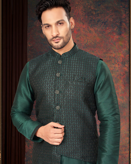 Bottle Green Mens Kurta Pajama Set With Jacket