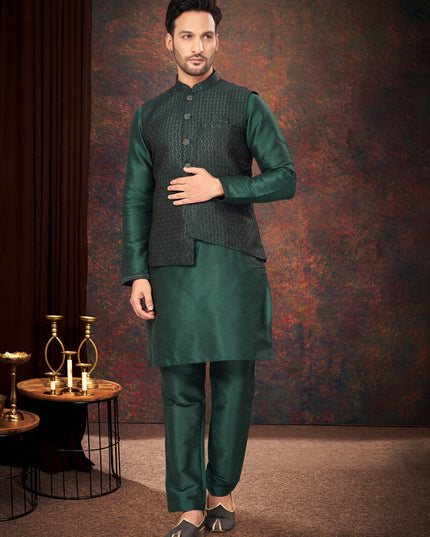 Bottle Green Mens Kurta Pajama Set With Jacket