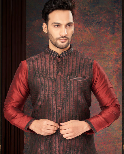 Maroon Mens Kurta Pajama Set With Jacket