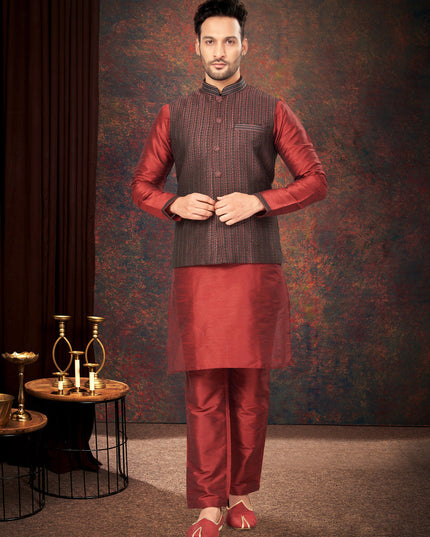 Maroon Mens Kurta Pajama Set With Jacket
