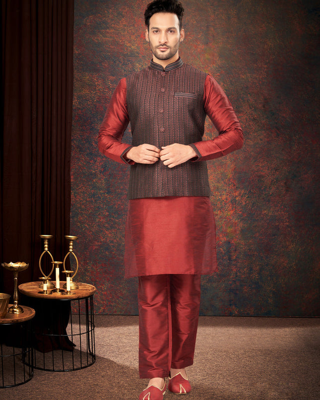 Maroon Mens Kurta Pajama Set With Jacket