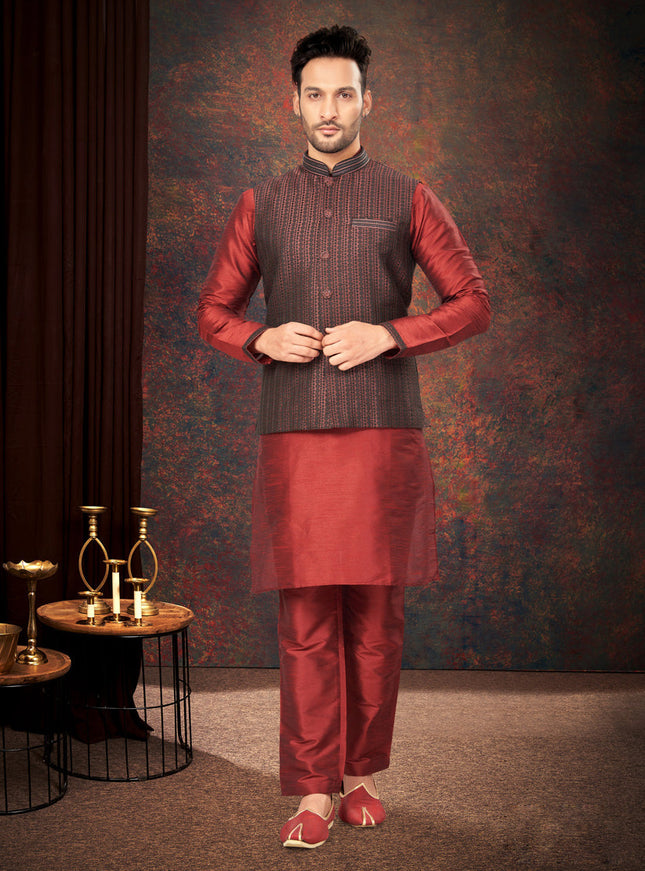 Maroon Mens Kurta Pajama Set With Jacket