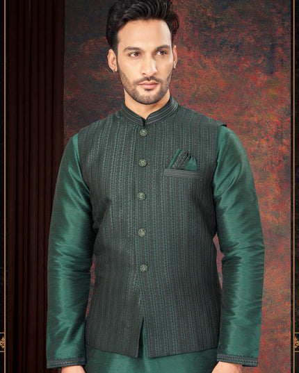 Bottle Green Mens Kurta Pajama Set With Jacket