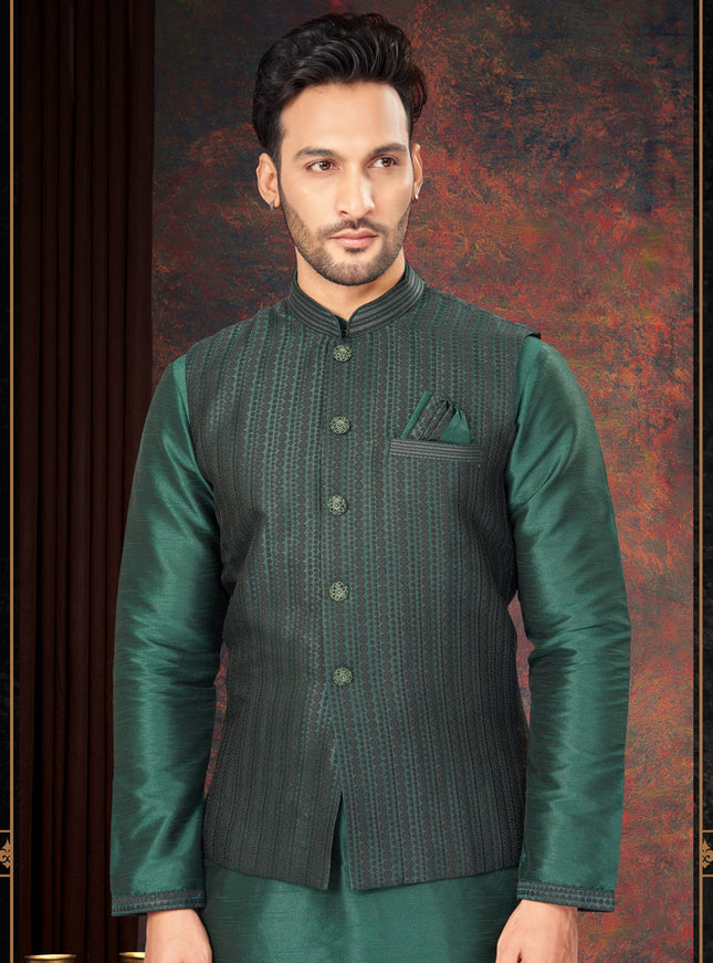 Bottle Green Mens Kurta Pajama Set With Jacket