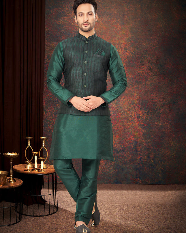 Bottle Green Mens Kurta Pajama Set With Jacket