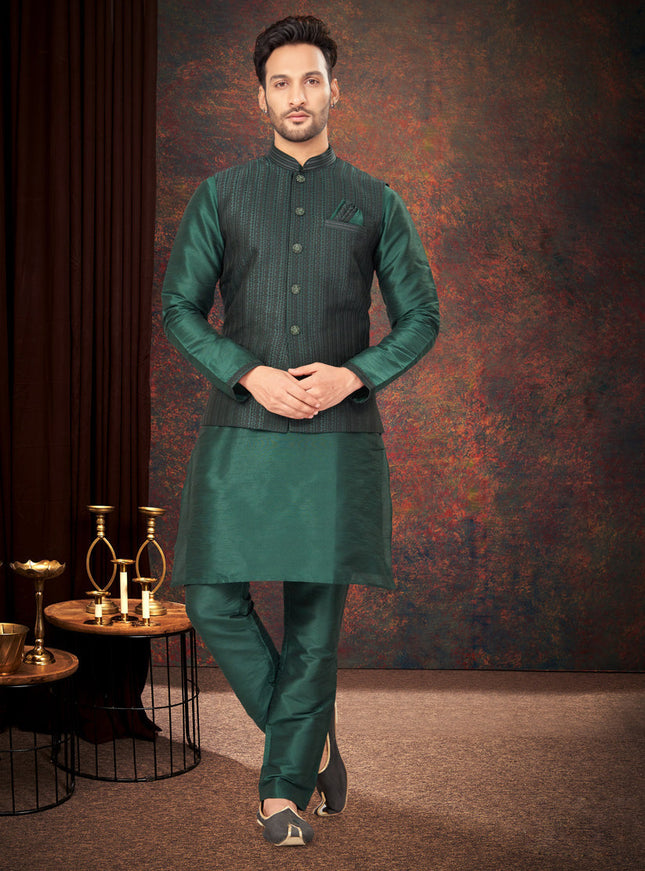 Bottle Green Mens Kurta Pajama Set With Jacket