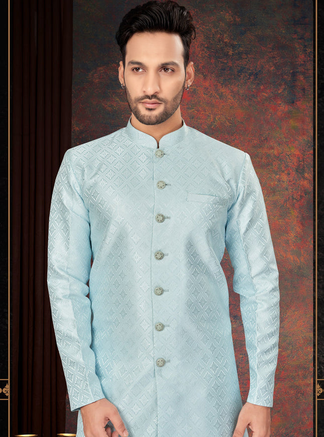 Sky Blue Mens Designer Indo Western