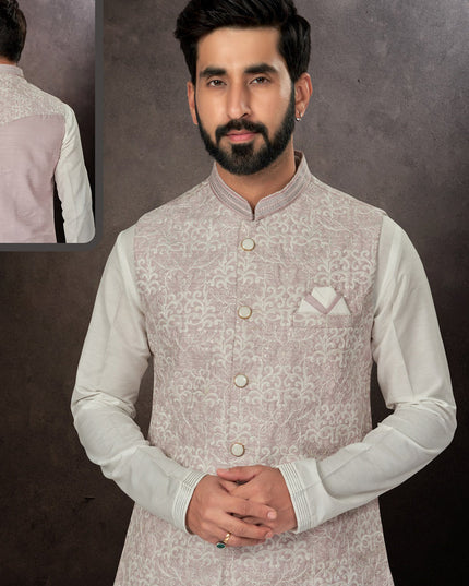 Off White Mens Kurta Pajama Set With Jacket