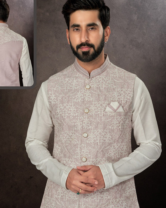 Off White Mens Kurta Pajama Set With Jacket