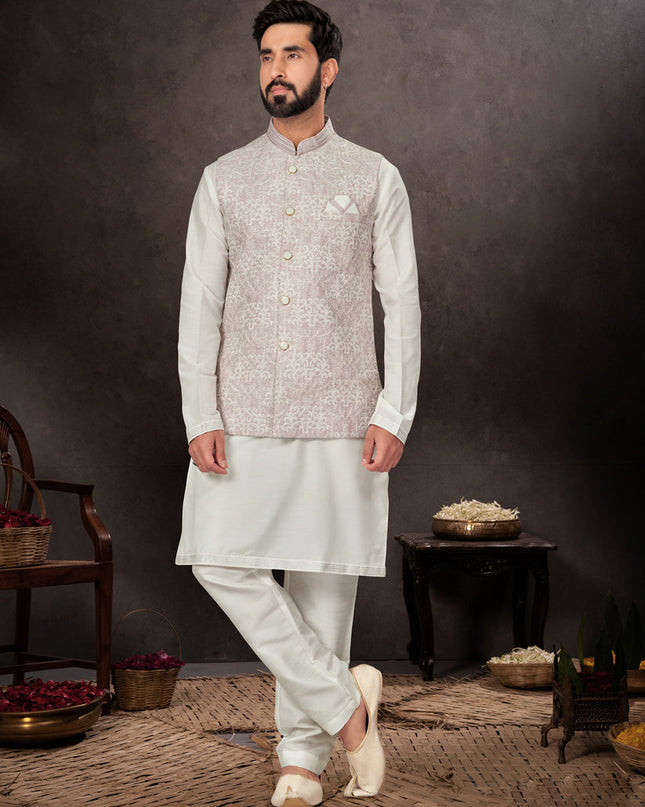 Off White Mens Kurta Pajama Set With Jacket