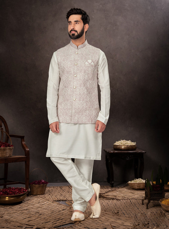 Off White Mens Kurta Pajama Set With Jacket
