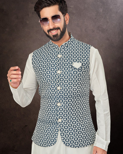 Off White Mens Kurta Pajama Set With Jacket