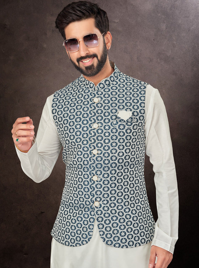 Off White Mens Kurta Pajama Set With Jacket