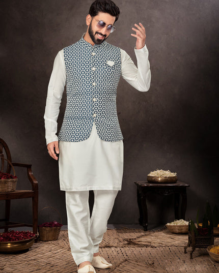 Off White Mens Kurta Pajama Set With Jacket