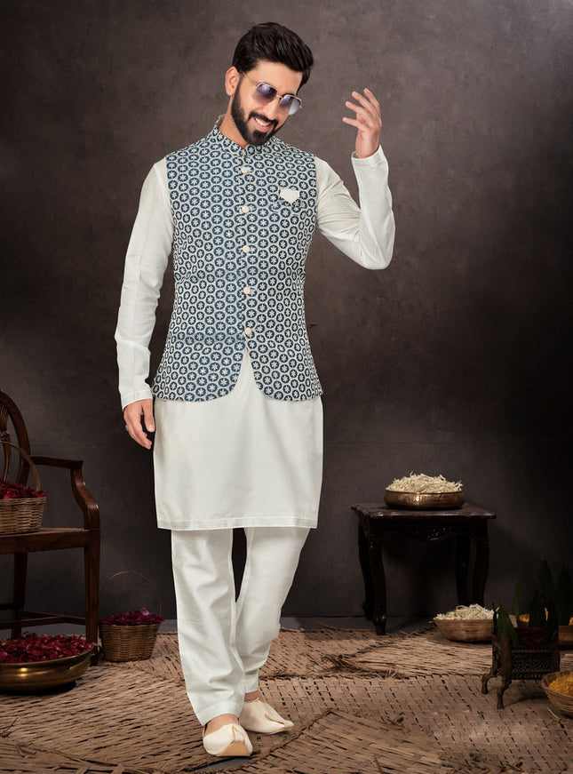 Off White Mens Kurta Pajama Set With Jacket