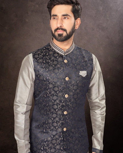 Grey Mens Kurta Pajama Set With Jacket