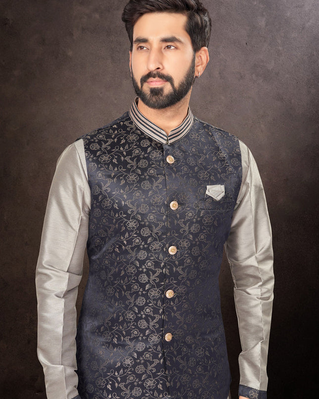 Grey Mens Kurta Pajama Set With Jacket