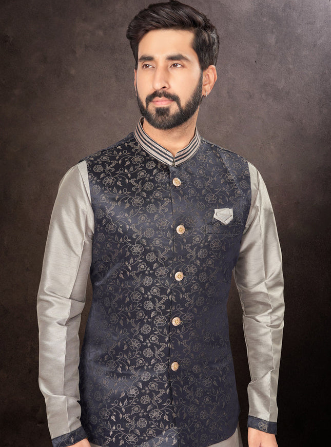 Grey Mens Kurta Pajama Set With Jacket