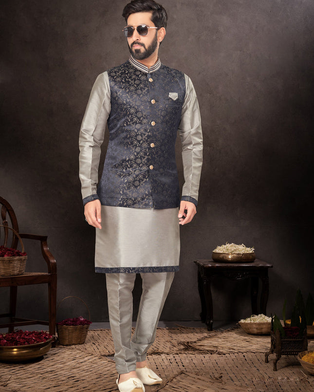 Grey Mens Kurta Pajama Set With Jacket