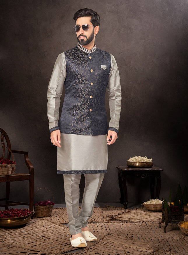 Grey Mens Kurta Pajama Set With Jacket