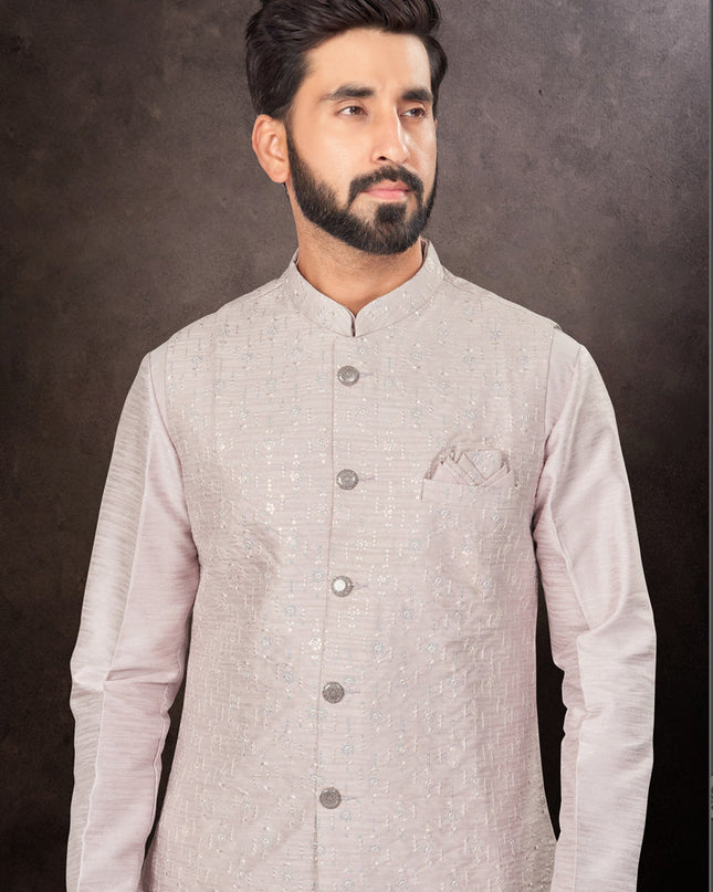 Grey Mens Kurta Pajama Set With Jacket