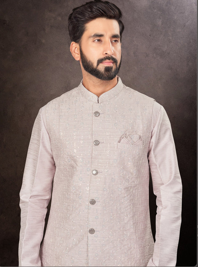 Grey Mens Kurta Pajama Set With Jacket
