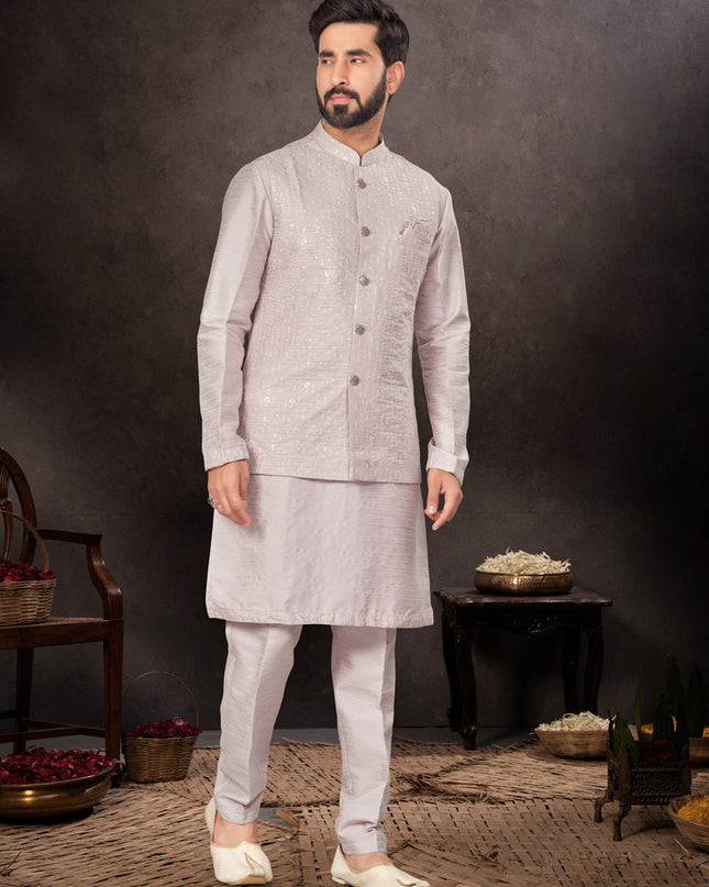 Grey Mens Kurta Pajama Set With Jacket