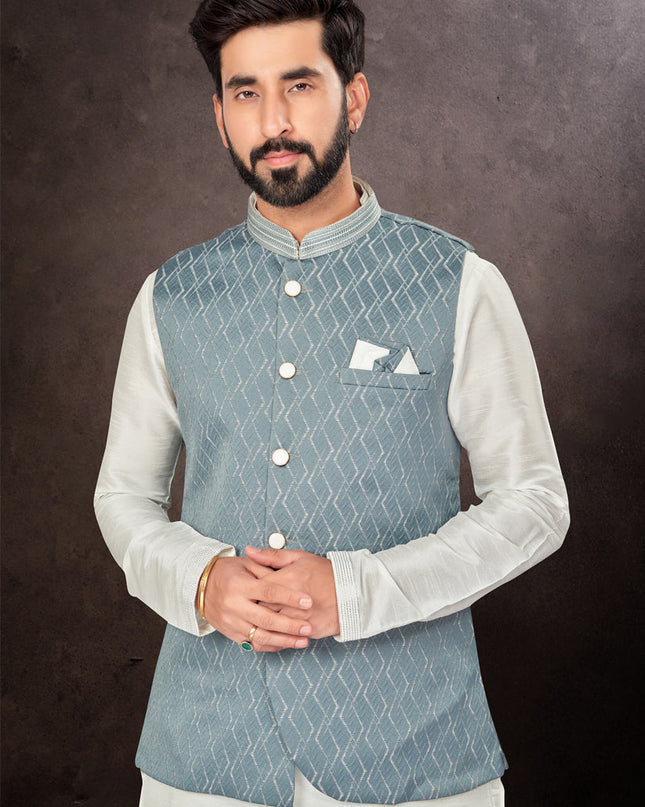 Off White Mens Kurta Pajama Set With Jacket
