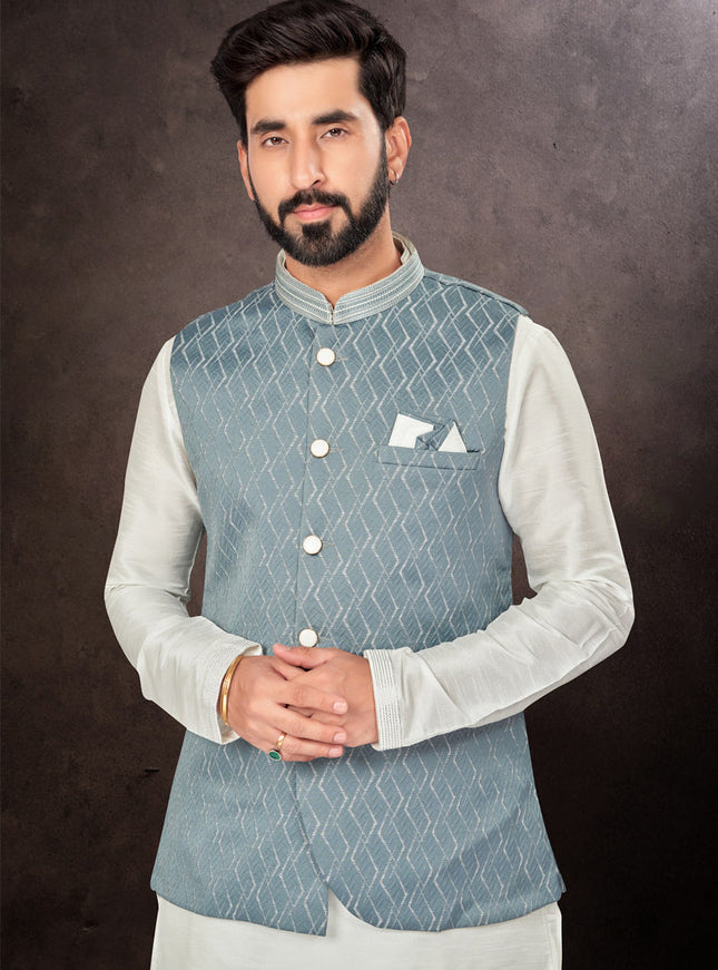 Off White Mens Kurta Pajama Set With Jacket
