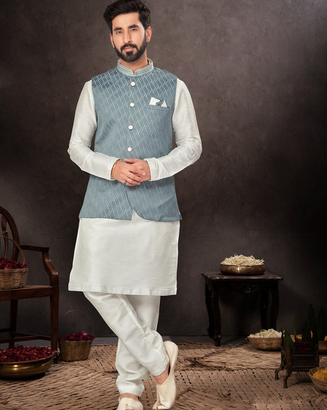 Off White Mens Kurta Pajama Set With Jacket