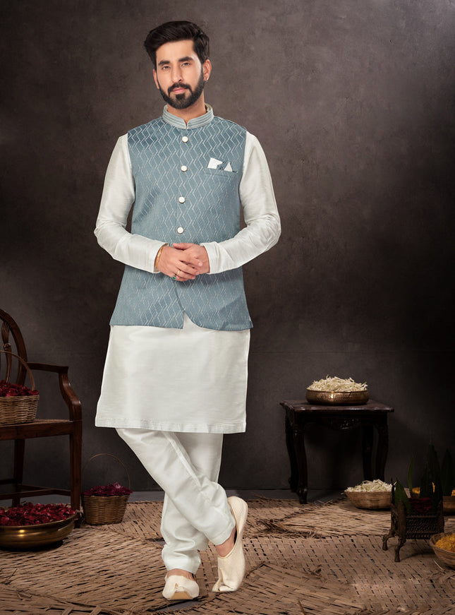 Off White Mens Kurta Pajama Set With Jacket