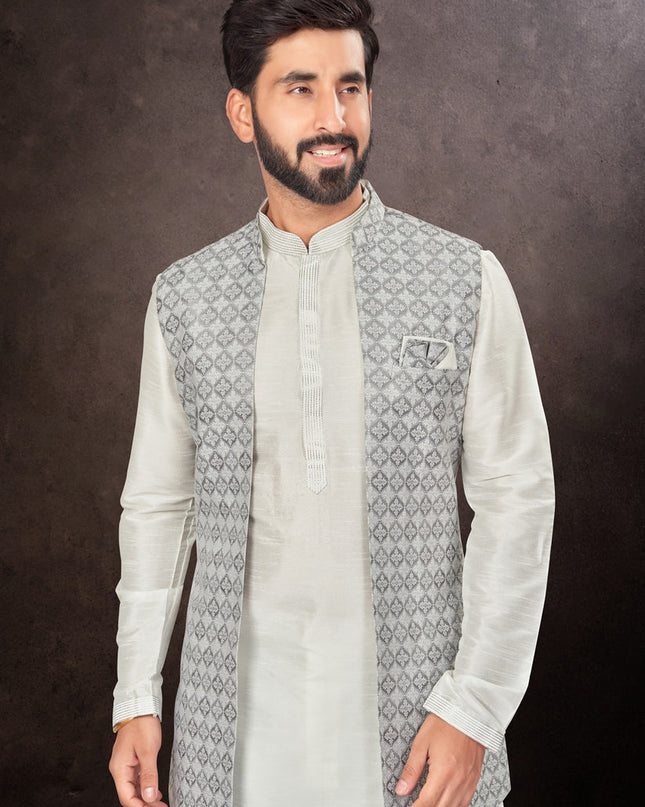 Grey Mens Kurta Pajama Set With Jacket