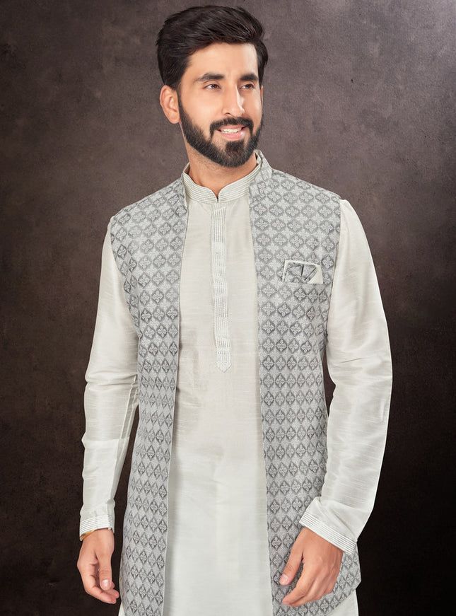 Grey Mens Kurta Pajama Set With Jacket