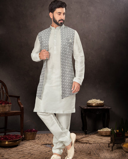 Grey Mens Kurta Pajama Set With Jacket