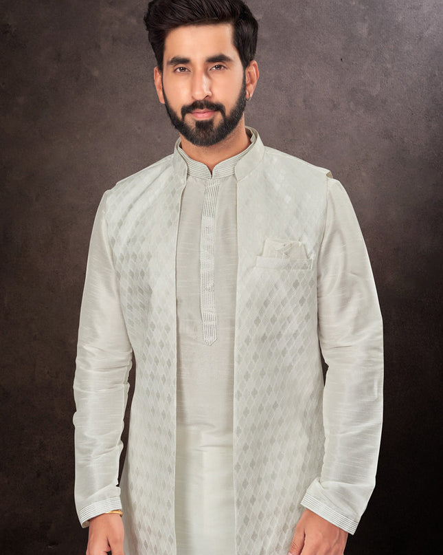 Grey Mens Kurta Pajama Set With Jacket