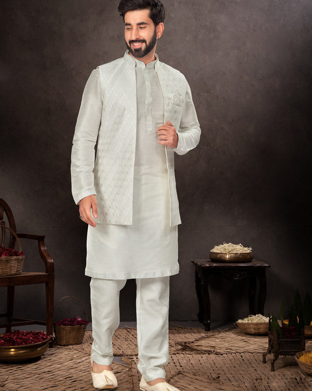 Grey Mens Kurta Pajama Set With Jacket