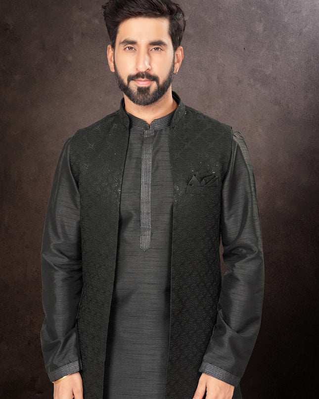 Black Mens Kurta Pajama Set With Jacket